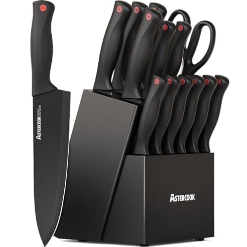 Astercook Knife Set for Kitchen with Block and Sharpener 15pcs German
