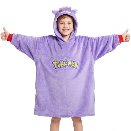 Pokemon Blanket Hoodie for Kids Teens Oversized Fleece Wearable Hoodie Blanket Pikachu Loungewear Gifts for Boys (Purple Gengar Cushion)