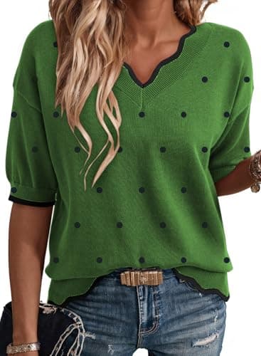 Dokotoo Spring Tops for Women 2026 Fashion Dressy Casual Short Sleeve Pullover Sweaters Classic V Neck Knit Blouses Trendy Pullovers Summer Solid Color Tunic Top Clothes Fern Green XLarge