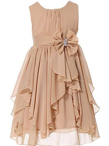 Bow Dream Flower Girls Dresses Junior Bridesmaids Little Girls Elegant Ruffle Chiffon Tea Length Champagne 10