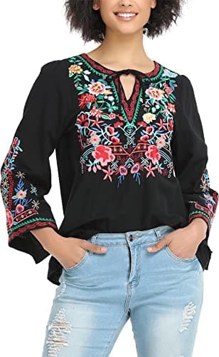 YZXDORWJ Women's Summer Boho Embroidery Mexican Bohemian Tops Shirt Tunic (S, 76BKR)
