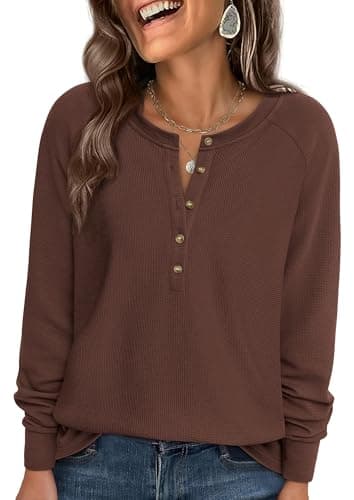 PRETTYGARDEN Women Long Sleeve Waffle Knit Shirts 2026 Fall Casual Button V Neck Loose Henley Tops Basic Tees Winter Clothes (Brown,Small)