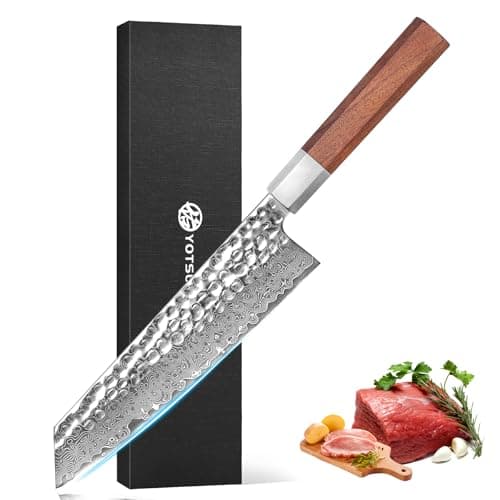 YOTSUBA Kiritsuke Chef Knife 8 inch, Hand Forged Damascus Kitchen Knife, 9Cr18MoV High Carbon Steel Japanese Knife, Professional Chefs Knife with Ergonomic Rosewood Handle