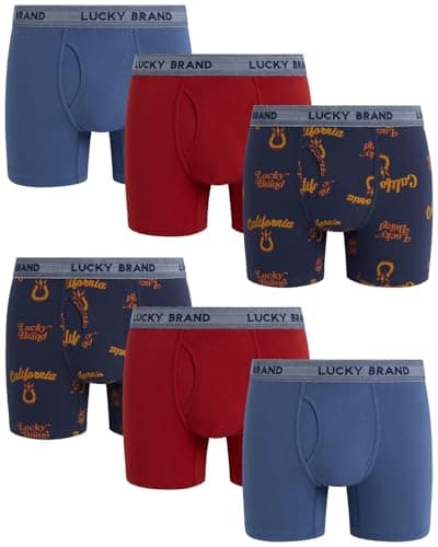 Lucky Brand Mens Boxer Briefs - 6 Pack 6'' Inseam Tag Free Soft Cotton Mens Underwear Boxer Briefs with Functional Fly, Size Small, Red Ochre/Indigo Print/Vintage Indigo