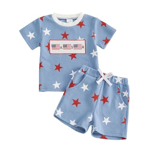 Saliuentm Toddler Boy 4th of July Outfit Waffle Us Flag Star Letters Usa Short Sleeve T Shirt and Shorts Toddler Fourth of July Outfit Boy (J-Blue,2-3T)