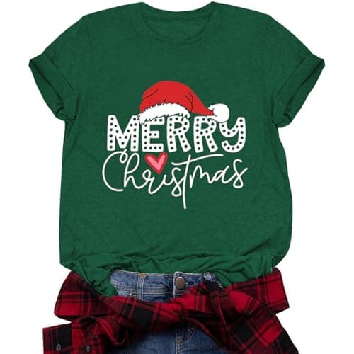 Christmas Shirts for Women Funny T-Shirts for Women Short Sleeve Merry Christmas Hats Graphic Tee Tops