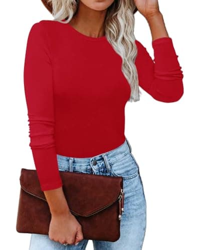 REVETRO Women's Basic Long Sleeve Shirt Thermal Top Lightweight Round Neck Shirts Slim Fit Layer Soft Top Red XXL…