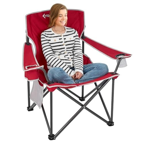 KingCamp Oversized Camping Chair, Portable Folding Outdoor Chairs with Comfortable Padded Seat, Side Pocket and Cup Holder for Fishing, Tailgates, Beach, Lawn, RED