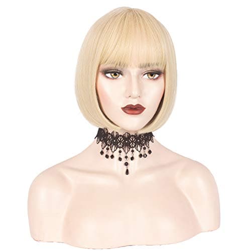 WeKen Short Blonde Wig with Bangs Blonde Bob Wig for Women Synthetic Hair Wig for White Black Women Daily Halloween Cosplay 11 Inches