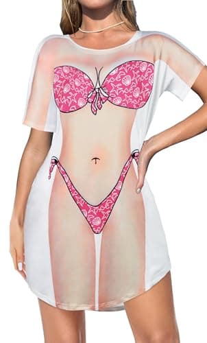 elescat Women's Beach Cover Up Bikini Printed Short Sleeve Tshirt Dress Baggy Cute Coverups(Pink, M)
