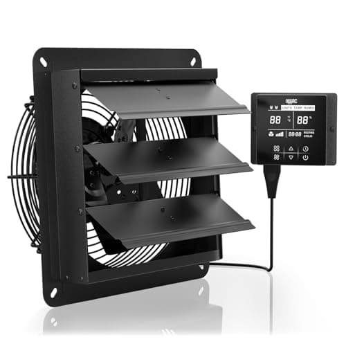 AITECAC 10 Inch Shutter Exhaust Fan, 576 CFM Wall Mounted Attic Fan with Temperature Humidity Controller, Automatic Shutter, Ventilation and Cooling for Greenhouse, Garage, Studios, Workshops