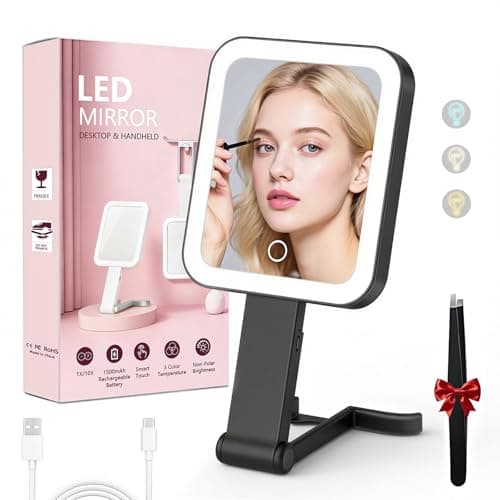 Travel Mirror with Lights, Rechargeable Magnifying Mirror 10X/1X Double-Sided, 3 Color Lighting, Smart Touch Dimming, Precision Tweezers, Lighted Makeup Mirror for Desk, Trip, Office (10.3"x5.2")