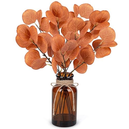 Der Rose 13.5" Fake Plants for Fall Bathroom Decor Autumn Artificial Eucalyptus Stems in Amber Glass Vase with Faux Water for Office Desk Accessories Home Table Fall Centerpiece Decor（Orange）