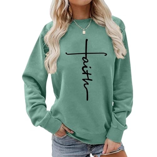 YITAN Faith Women Graphic Oversized Sweaters Drop Shoulder Sweatshirts Light Green Small