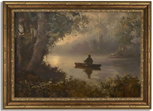 Vintage Gold Framed Fishing Wall Art, Country Fisherman Landscape Canvas Paintings Picture Wall Decor, Retro Country Farmhouse Posters Prints Artwork for Farmhouse, Bedroom, Living Room, 9x11in