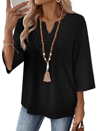 Ivicoer Summer Outfits for Women Womens Tops 3/4 Sleeve V Neck T Shirts Tunic Tops for Women Loose Fit Dressy Black