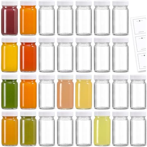 30 Pack 2 oz Glass Shot Bottles w/ White Lids & 30 Labels - Small Clear Jar for Ginger, Wellness Shot, Juice, Sample, Whiskey - Travel Essentials Mini Bottles - Wide Mouth, Leakproof, Dishwasher Safe