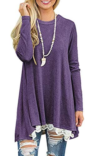 Women Crew Neck Lace Splicing Swing Dress Fall Winter Long Sleeve Tunic Top