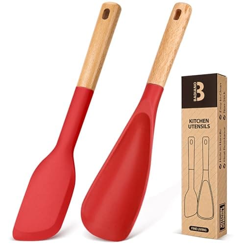 Badiano Cooking Spoon and Scraper for Nonstick Cookwares, Wood Handle, RED