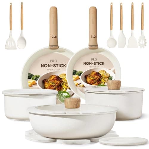 CAROTE Pots and Pans Set Non Stick, Detachable Handle Cookware, 21pcs,White