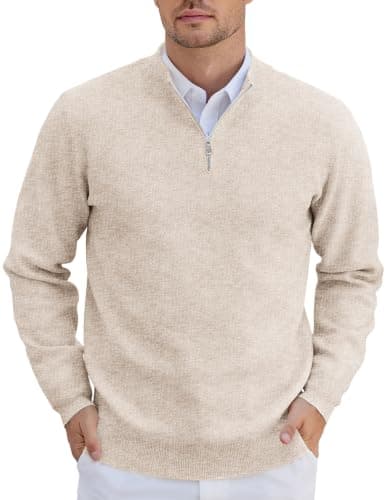 COOFANDY Mens Quarter Zip Pullover Slim Fit Lightweight Sweater Casual Knit Pullover Sweaters Khaki Large