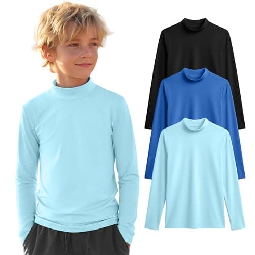 YooAurvox 3 Pack Boys UPF 50+ Rash Guard Swim Shirts Long Sleeve, Teen Quick Dry Sun Protection Tops for Water Surfing(Black, Blue, Light Blue,7-8 Years)