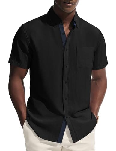 PJ PAUL JONES Mens Button Down Shirt Linen Short Sleeve Dress Shirts for Men Beach Summer Wedding Untucked Shirt Black