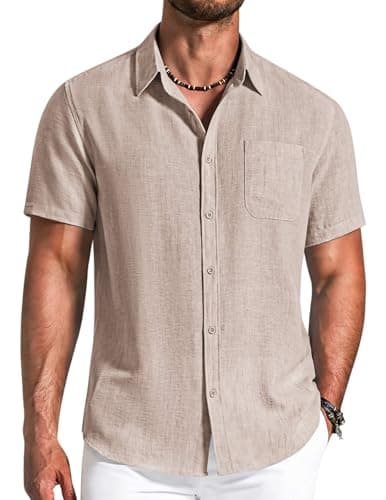 COOFANDY Men's Button Down Shirts Short Sleeve Casual Shirt Summer Beach Textured Shirts Light Khaki