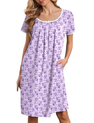 Ekouaer Nightgowns for Women Short Sleeve Moo Moos Ladies House Dress with Pockets Pleated Sleepshirts Soft Sleepwear Light Purple Florals Large