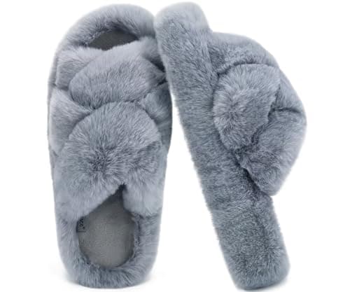 COFACE Women's Fluff Slippers House Open Toe Faux Fur Slides