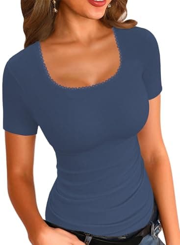 LOLONG Short Sleeve Shirts for Women Summer Square Neck Lace Patchwork Tops Casual Ribbed Knit Fitted Solid Basic Tees