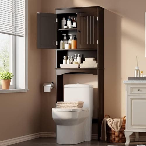 Gizoon Over the Toilet Storage Cabinet with Adjustable Shelf and Double Doors, Bathroom Space Saver Organizer Above Toilet with Open Shelf, Taller Wooden Free Standing Toilet Rack -Espresso