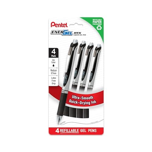Pentel EnerGel RTX Liquid Gel Pens, Medium (0.7mm), Black Ink, 4-pk (BL77PF4A)