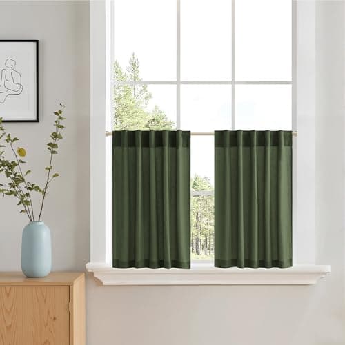 NICETOWN Forest Green Linen Curtains for Kitchen Farmhouse