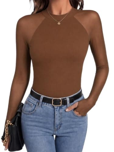 Zeagoo Tops for Women Mock Neck See Through Long Sleeve Dressy Shirt Brown