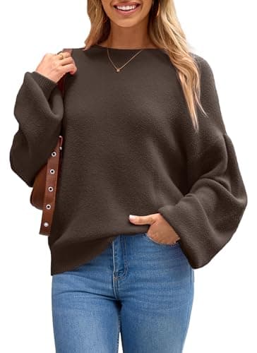 Arach&Cloz Women Fall Winter Fashion Wool Blend Oversized Fuzzy Sweater 2025 Long Puff Sleeve Casual Pullover Tops Trendy Loose Fit Outfits Coffee M