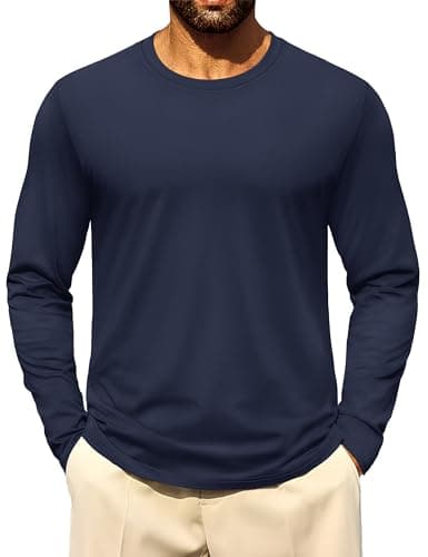 Cotrasen Mens Long Sleeve Tee Shirts Cotton Crew Neck Moisture Wicking Soft Casual Basic T-Shirts Navy Blue L