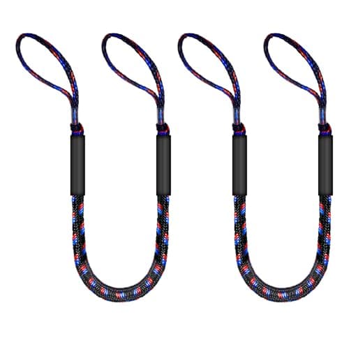 Bungee Dock Lines for Boats with Loops, Boat Tie Downs for Docking, Adjustable Boat Mooring Rope for Pontoon, Jon Boat & PWC (2, Black, Red & Blue, 4 FEET)