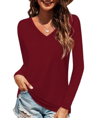 Elesomo Womens Cotton Long Sleeve Shirt V Neck Top Basic Tee, Burgundy XXL