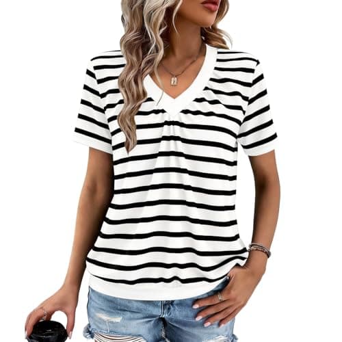 Gihgoew Summer Tops for Women 2025 Shorts Sleeve Womens Tops,V Neck Soft Casual Loose Fit Ruched Top T Shirts Tee Clothes Black White