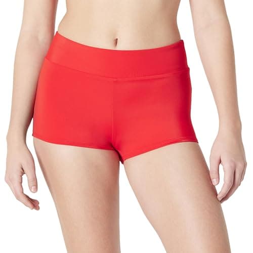 Amazon Essentials Women's High Rise Boy Short Swim Bikini Bottom, Bright Poppy Red, Small