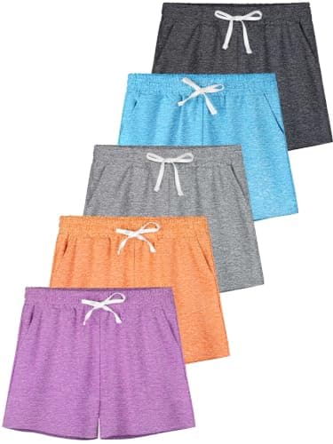 QWE 5 Pack Girls Shorts Athletic Soccer Running Performance Active Dry-Fit Sports Basketball Shorts with Drawstring Pocket Set D 5-6 Years