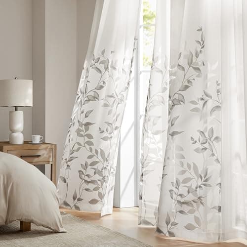 Madison Park Cecily Semi Sheer SINGLE Panel Window Curtain Burnout Botanical Print, Easy To Hang, Fits up to 1.25" Diameter Rod, 50x84", Leaves Grey (Pack of 1)