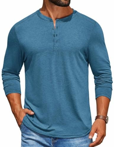 COOFANDY Men's Henley Shirts Long Sleeve Classic Tees Casual Henley Pullover Fall Tops Blue