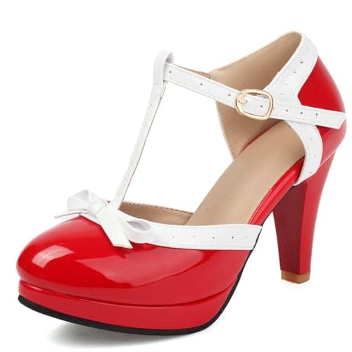ForeMode Bow Mary Jane Shoes High Heels Closed Round Toe Pumps Leather Summer Sweet Shoe（Red,7.5）