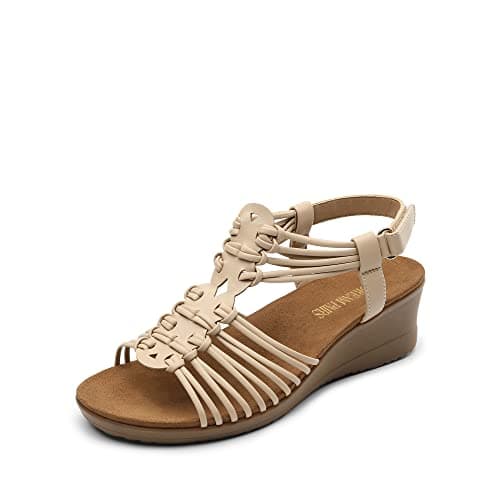 DREAM PAIRS Women's Comfortable Strappy Low Heel Open Toe Slip-On Wedge Sandals Arch Support for Summer Dressy Shoes,Size 6,Nude,SDPW2350W