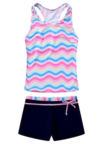 PROALLO Girls Bathing Suits Two Piece Vest Style Swimsuit with Boyshort Tankini Swimwear