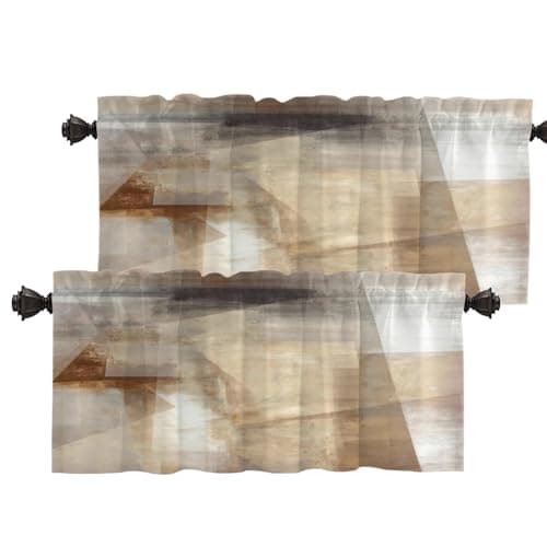 Batmerry Brown Beige Abstract Art Kitchen Valances Half Window Curtain, Brown Art Abstract Acrylic Painting Kitchen Valances for Windows Heat Insulated Valance for Decor Reducing The Light 52x18 Inch