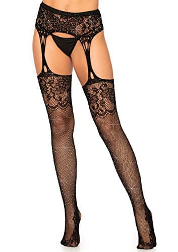Leg Avenue Women's Lace Top Fishnet Stockings with Attached Garter Belt, Black Rhinestone, One Size