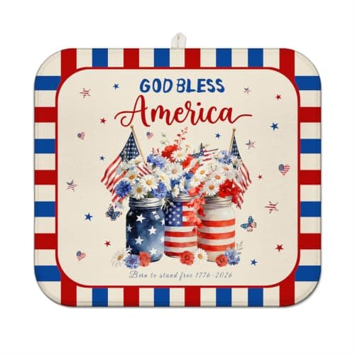 4th of July Dish Drying Mat for Kitchen Counter,Independence Day Stars Memorial Fallen Soldiers Microfiber Drying Mat, Washable Absorbent Patriot Kitchen Countertop Dish Mat Draining Mat 16×18 Inch